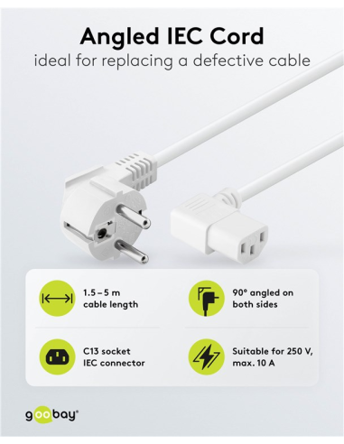 
Goobay 96043 Cable Alimentacion CEE-7/7 90º SCHUKO a C13 90º 1.50m Blanco 10A H05-VV-F3G  (3*0.75 mm²)  Goobay