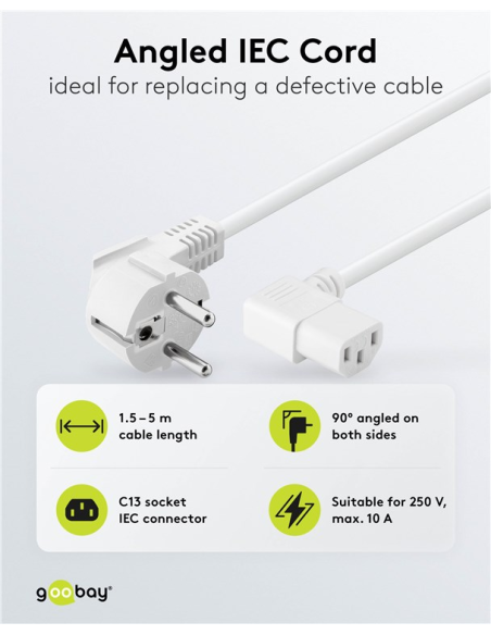 
Goobay 96043 Cable Alimentacion CEE-7/7 90º SCHUKO a C13 90º 1.50m Blanco 10A H05-VV-F3G  (3*0.75 mm²)  Goobay
