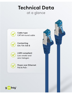 
Cable de conexión CAT 6A, S/FTP (PiMF), conductor de cobre (CU), cubierta libre de halógenos (LSZH) de 5 metros Azul