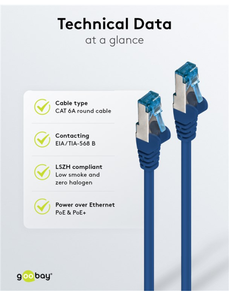 
Cable de conexión CAT 6A, S/FTP (PiMF), conductor de cobre (CU), cubierta libre de halógenos (LSZH) de 5 metros Azul