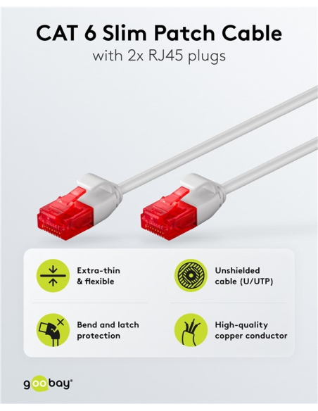 93751 Latiguillo CAT 6, U-UTP,  2.00 m, Gris, LSZH Cable Slim Ultra delgado (AWG) 30/7 Goobay