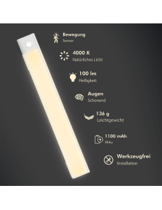 
LED022 Lámpara LED para armario, 30 cm, 100 lm, 1100 mAh, con detector de movimiento, color blanco 2