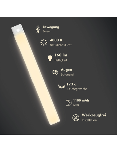 
LED023 Lámpara LED para armario, 40 cm, 160 lm, 1100 mAh, con detector de movimiento, color blanco