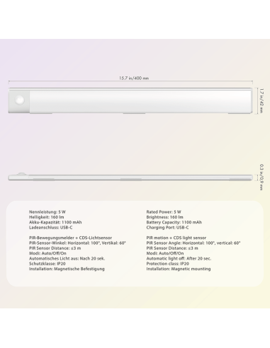 
LED023 Lámpara LED para armario, 40 cm, 160 lm, 1100 mAh, con detector de movimiento, color blanco