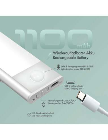 
LED023 Lámpara LED para armario, 40 cm, 160 lm, 1100 mAh, con detector de movimiento, color blanco