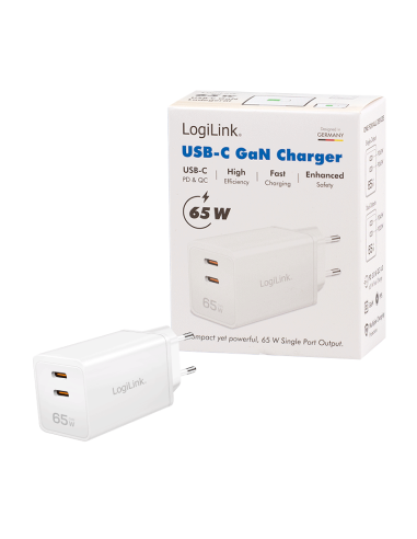 
Adaptador USB dual, GaN, 65 W, 2x USB-C (PD 3.0/QC 4.0), blanco
N.° de pieza: PA0367
EAN: 4052792077766
