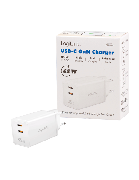 
Adaptador USB dual, GaN, 65 W, 2x USB-C (PD 3.0/QC 4.0), blanco
N.° de pieza: PA0367
EAN: 4052792077766
