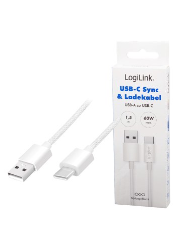 
CU0322 Cable de  1,50m USB 2.0 0.48 Gbit/s  PD60W USB C Macho a USB-A Macho Blanco NYLON Logilink Retail