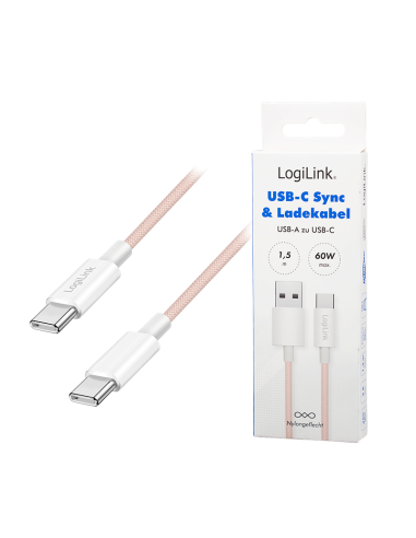 
CU0325 Cable de  1,50m USB 2.0 0.48 Gbit/s  PD60W USB C Macho a USB-A Macho Rosa NYLON Logilink Retail