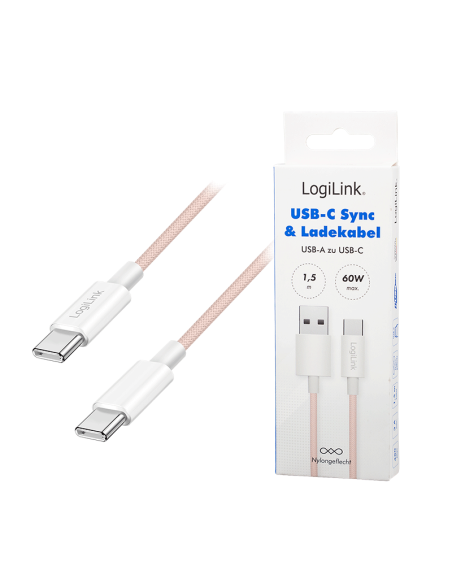 
CU0325 Cable de  1,50m USB 2.0 0.48 Gbit/s  PD60W USB C Macho a USB-A Macho Rosa NYLON Logilink Retail