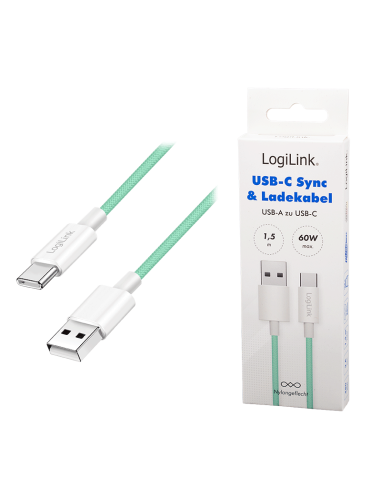 
CU0328 Cable de  1,50m USB 2.0 0.48 Gbit/s  PD60W USB C Macho a USB-A Macho Verde NYLON Logilink Retail