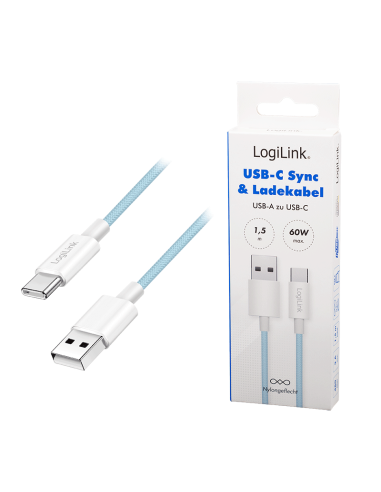 
CU0331 Cable de  1,50m USB 2.0 0.48 Gbit/s  PD60W USB C Macho a USB-A Macho Azul NYLON Logilink Retail