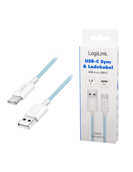 
CU0331 Cable de  1,50m USB 2.0 0.48 Gbit/s  PD60W USB C Macho a USB-A Macho Azul NYLON Logilink Retail