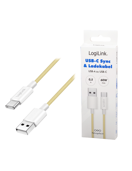 
CU0332 Cable de  0,50m USB 2.0 0.48 Gbit/s  PD60W USB C Macho a USB-A Macho Amarillo NYLON Logilink Retail