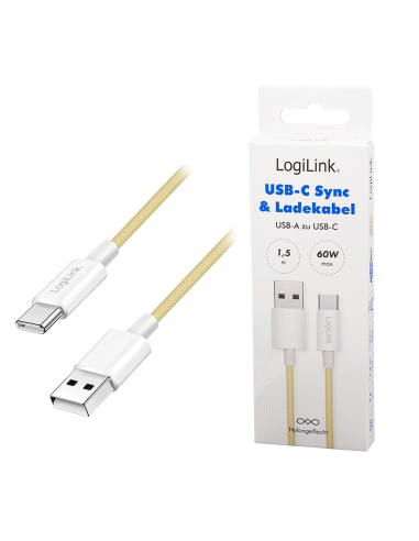 
CU0334 Cable de  1,50m USB 2.0 0.48 Gbit/s  PD60W USB C Macho a USB-A Macho Amarillo NYLON Logilink Retail