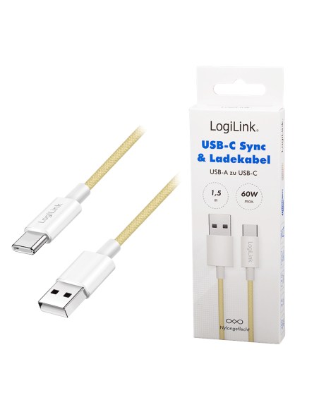 
CU0334 Cable de  1,50m USB 2.0 0.48 Gbit/s  PD60W USB C Macho a USB-A Macho Amarillo NYLON Logilink Retail