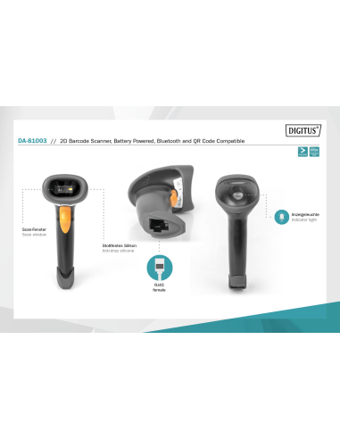 DA-81003 Escáner manual para códigos de barras 2D, con batería, compatible con Bluetooth y código QR 200 exploraciones/min., co