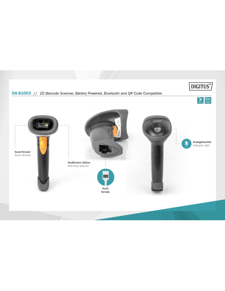 DA-81003 Escáner manual para códigos de barras 2D, con batería, compatible con Bluetooth y código QR 200 exploraciones/min., co
