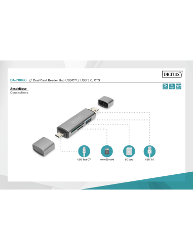 
Lector de Tarjetas Dual con hub - USB-A y USB-C - Lector de Tarjetas SD y Micro-SD - Hub USB 3.0 1 Puerto - Gris