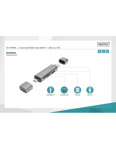 
Lector de Tarjetas Dual con hub - USB-A y USB-C - Lector de Tarjetas SD y Micro-SD - Hub USB 3.0 1 Puerto - Gris