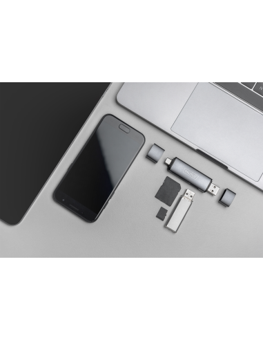 
Lector de Tarjetas Dual con hub - USB-A y USB-C - Lector de Tarjetas SD y Micro-SD - Hub USB 3.0 1 Puerto - Gris