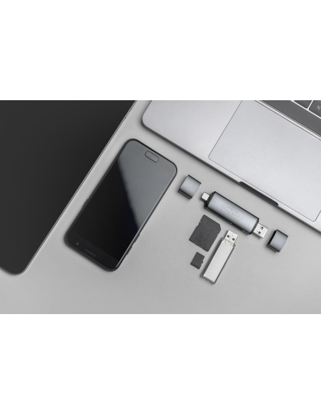 
Lector de Tarjetas Dual con hub - USB-A y USB-C - Lector de Tarjetas SD y Micro-SD - Hub USB 3.0 1 Puerto - Gris