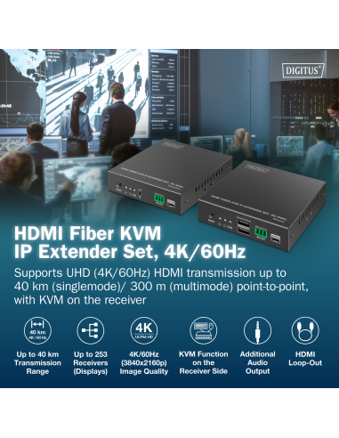 
 DIGITUS Juego de extensor IP KVM de fibra HDMI, 4K/60Hz
Número de artículo: DS-55348
EAN: 4016032501862

Extensor KVM de