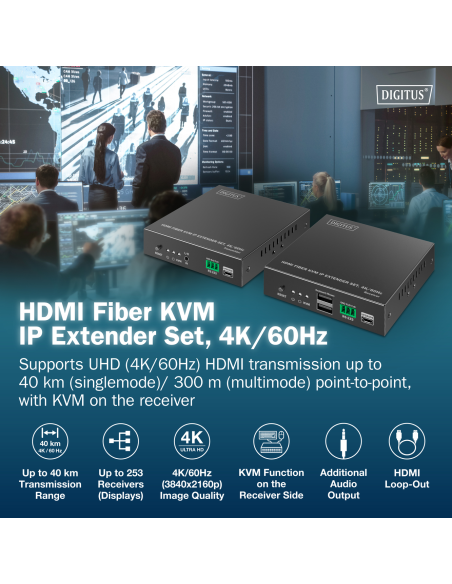 
 DIGITUS Juego de extensor IP KVM de fibra HDMI, 4K/60Hz
Número de artículo: DS-55348
EAN: 4016032501862

Extensor KVM de