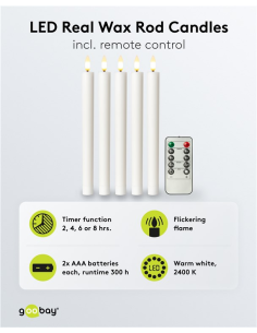 
77750 Juego de 5 velas LED de cera auténtica, blancas, con mando a distancia.

Con mando a distancia, 2