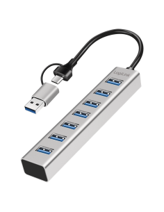 Hub USB 3.0, 7 puertos USB-A,Cable USB-A/USB-C 3.0 2 en 1. Conector USB-C macho compatible con Thunderbol, 5 Gbit/s, plateado