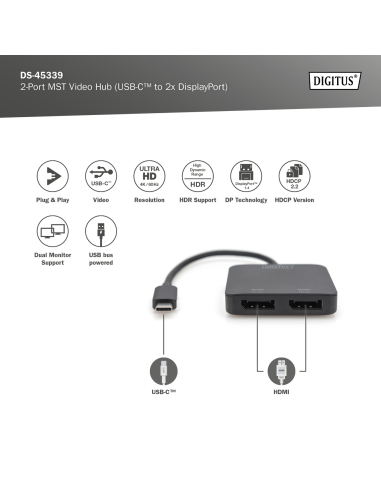 
DS-45339 - Hub de vídeo MST de 2 puertos (USB-C a 2 DP) Doble Monitor Digitus