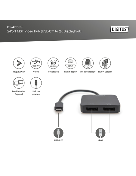 
DS-45339 - Hub de vídeo MST de 2 puertos (USB-C a 2 DP) Doble Monitor Digitus