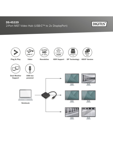 
DS-45339 - Hub de vídeo MST de 2 puertos (USB-C a 2 DP) Doble Monitor Digitus