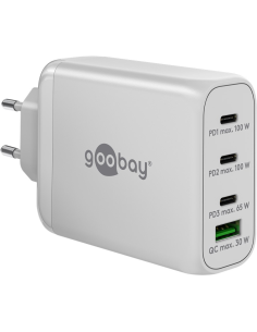 
65556 Cargador 100W USB 4 puert. 3 x USB-C 1 x USB-A Blanco GAN PD QC3.0 Salida Lateral Goobay