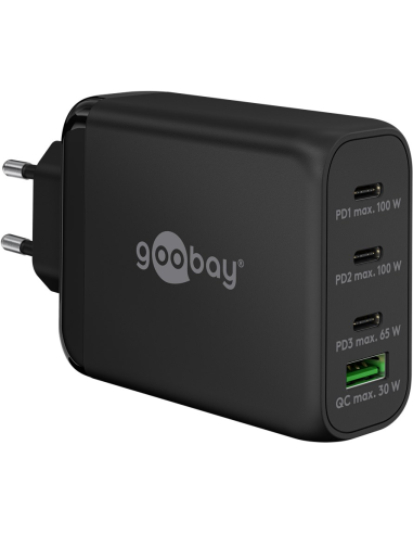 
Cargador 100W USB 4 puert. 3 x USB-C 1 x USB-A Negro GAN PD QC3.0 Salida Lateral Goobay