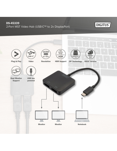 
DS-45339 - Hub de vídeo MST de 2 puertos (USB-C a 2 DP) Doble Monitor Digitus