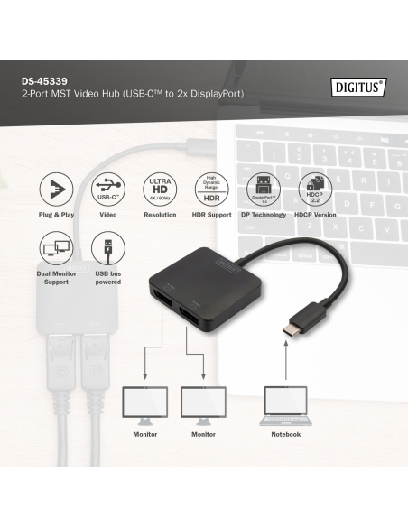 
DS-45339 - Hub de vídeo MST de 2 puertos (USB-C a 2 DP) Doble Monitor Digitus