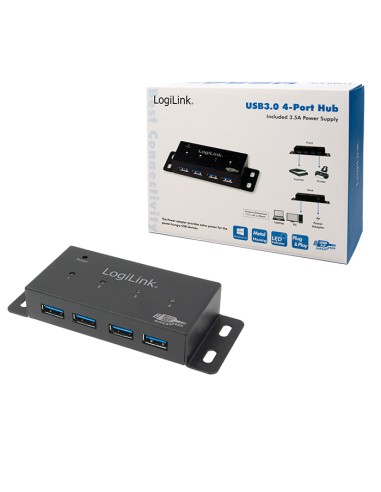
UA0149 LOGILINK Hub USB 3.0 de  4 puertos con alimentador,Negro,Caja Metal