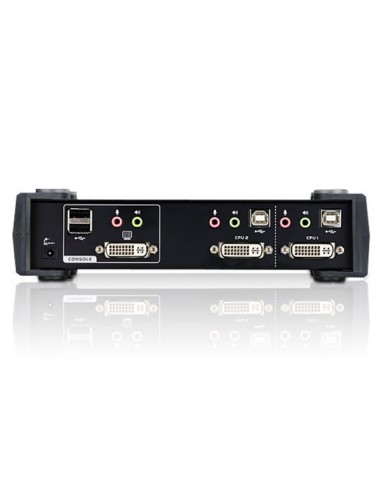 
Conmutador KVM de tipo USB de 2 puertos con interfaz DVI, transmisión del sonido y concentrador USB 2.0 (cables KVM incluidos