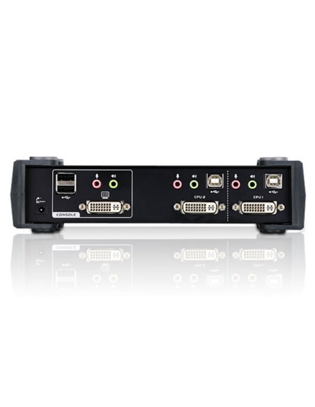 
Conmutador KVM de tipo USB de 2 puertos con interfaz DVI, transmisión del sonido y concentrador USB 2.0 (cables KVM incluidos
