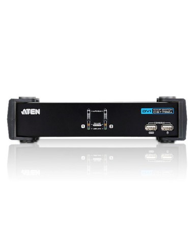 
Conmutador KVM de tipo USB de 2 puertos con interfaz DVI, transmisión del sonido y concentrador USB 2.0 (cables KVM incluidos