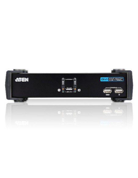
Conmutador KVM de tipo USB de 2 puertos con interfaz DVI, transmisión del sonido y concentrador USB 2.0 (cables KVM incluidos
